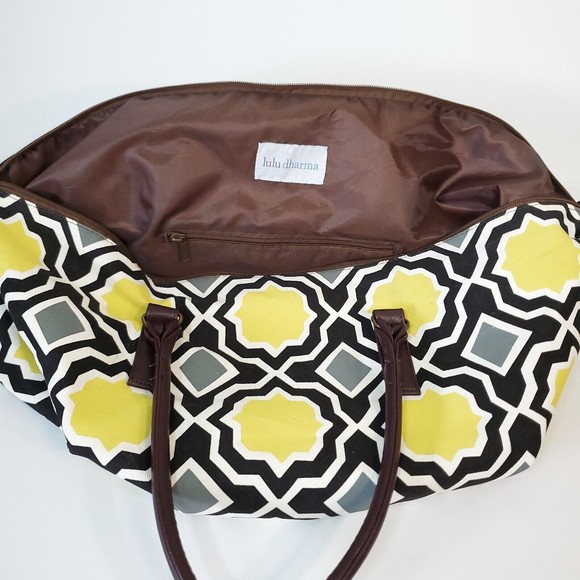 Lulu Dharma Bag Canvas Carry-On Travel Tote Weekender Eco-Luxury Geo Chartreuse - Picture 7 of 13